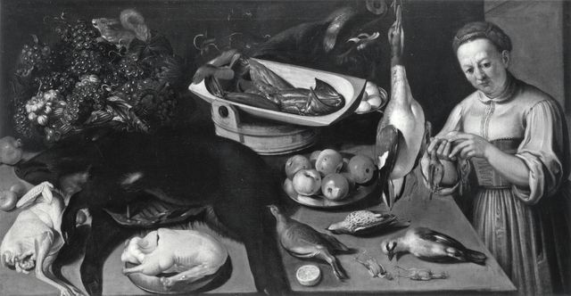 Christie's — Anonimo tedesco-austriaco sec. XVII - Natura morta con selvaggina, piatto di mele e figura femminile — insieme
